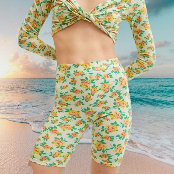 Mango Pants - NWT Mango Turquoise Bike Shorts with Sunset Flowers Pattern Sz M